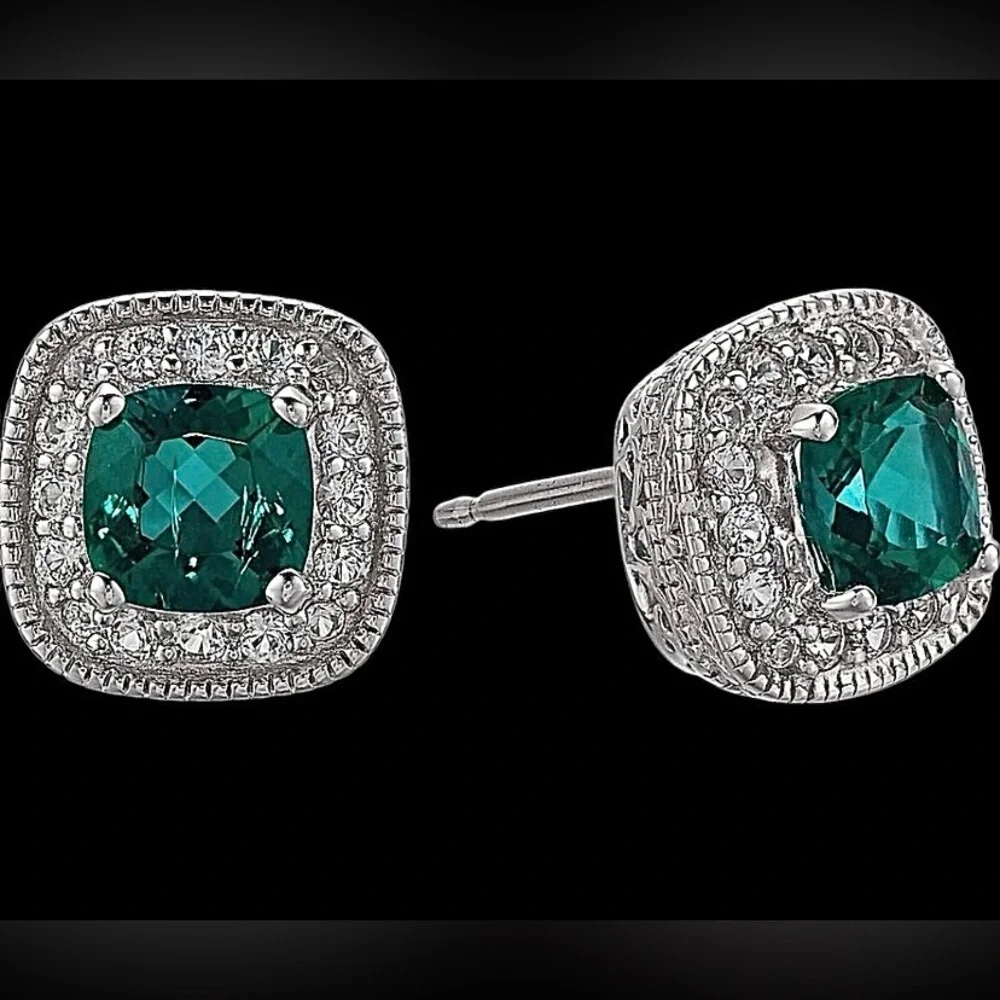 Emerald Green Cushion Halo Stud Earrings - Picture 2 of 4